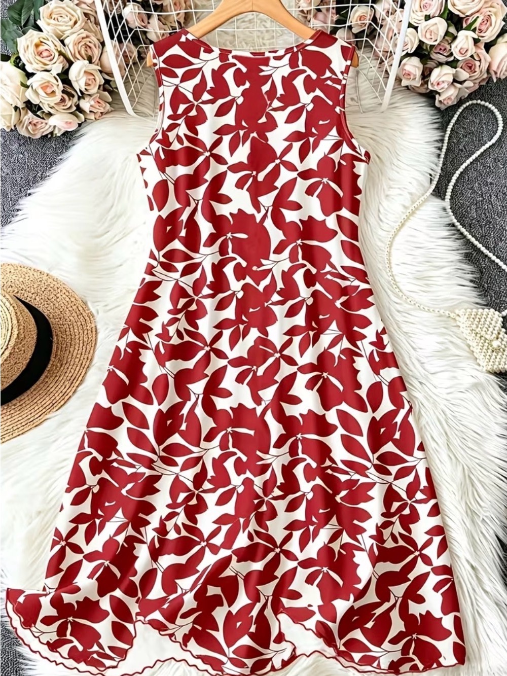 Sleeveless Red & White Floral A-Line Dress NIP